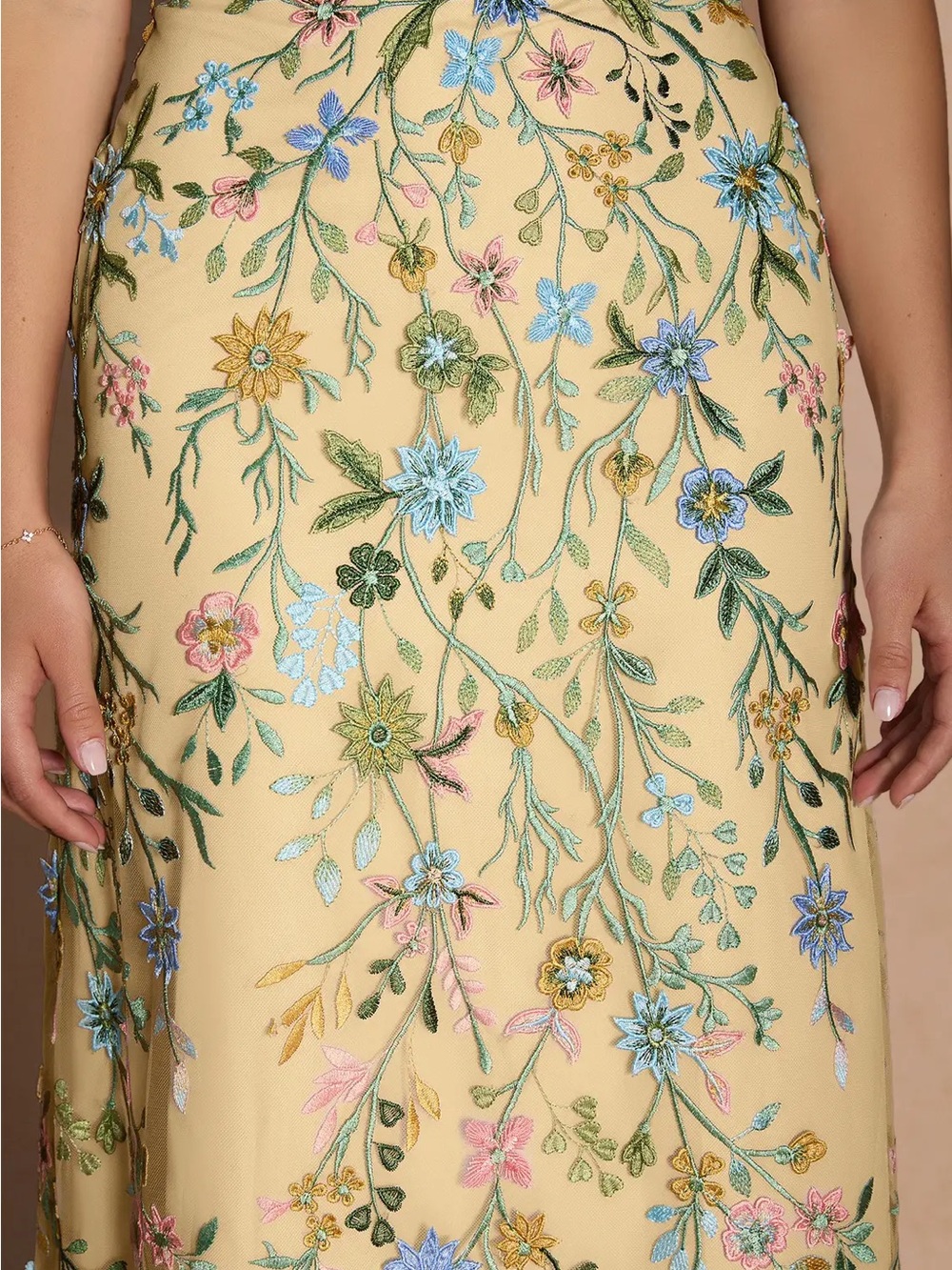 Amarie Lemon Yellow Floral Embroidered Midi Dress with Bow Tie-Shoulder Straps - Picture 6 of 7